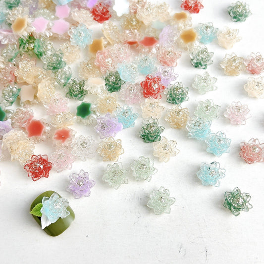 FS1047- 10MM Mixed Color Clear Glitter Lotus Resin Accessories