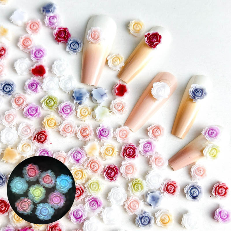 FS1060- 8MM Mixed Color Glowing Rose Resin Flower Nail Charms For Making Fancy Bead
