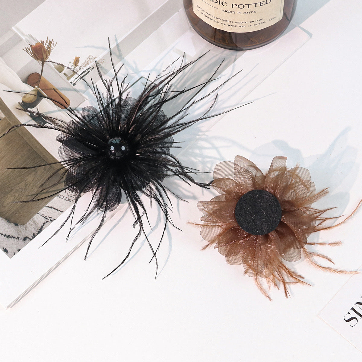 FS3036- 7¡Á5cm Farbic Flower With Feather For Making Fancy Beads