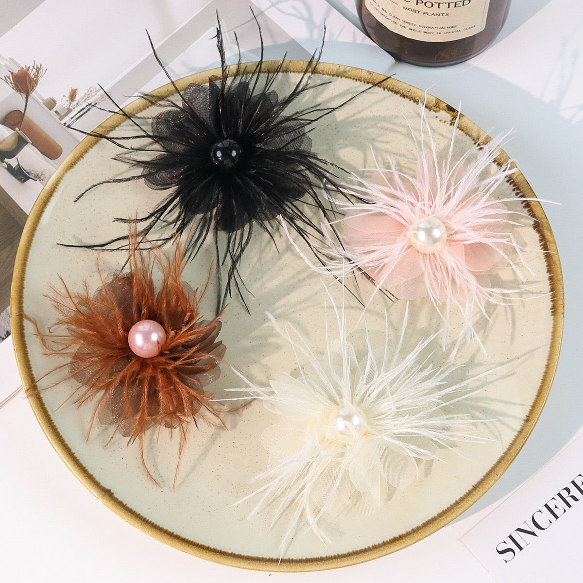 FS3036- 7¡Á5cm Farbic Flower With Feather For Making Fancy Beads