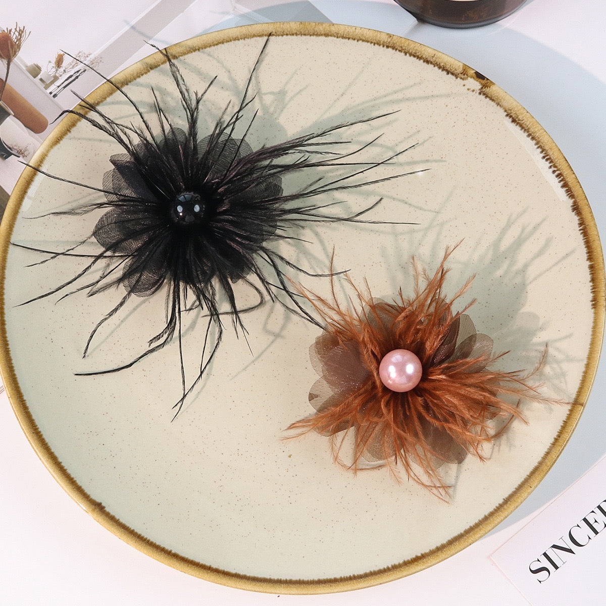 FS3036- 7¡Á5cm Farbic Flower With Feather For Making Fancy Beads