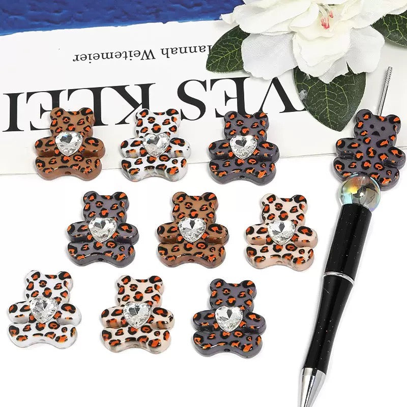FS2484-30MM Random Mixed Color Leopard Printed Diamond Bear Acrylic Beads Fit For Beadable Pens