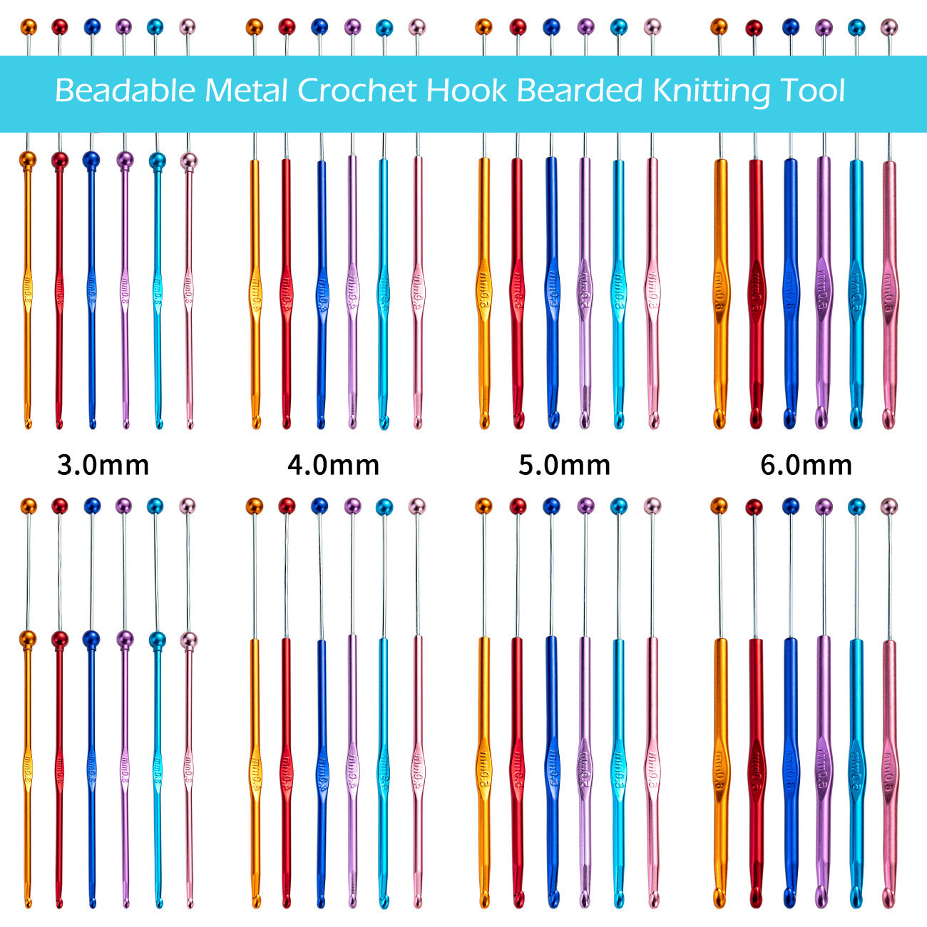 FS0276-3MM DIY Beadable Metal Crochet Hook Bearded Knitting Tool Needle in Solid Colors