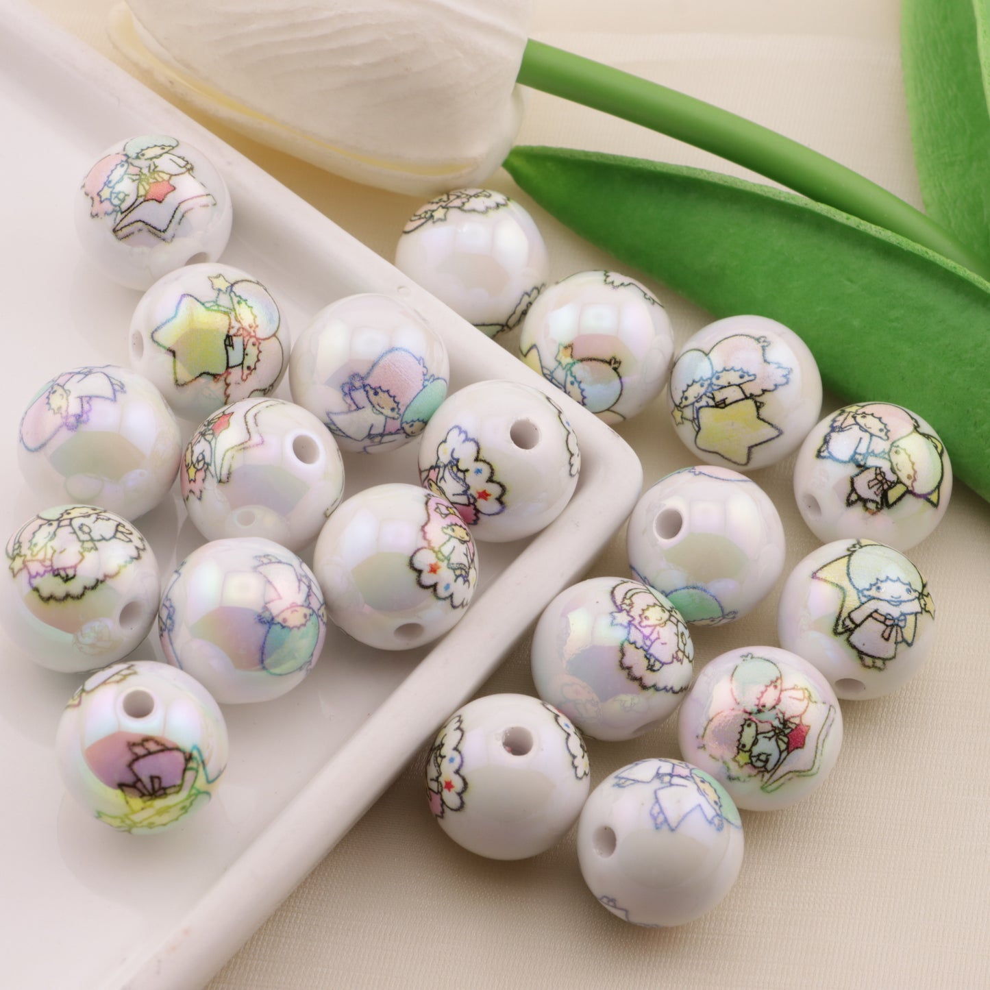 FS6496- 16mm White Printed Twin-Star Acrylic Beads(16mm ホワイトプリント ツインスター アクリルビーズ)
