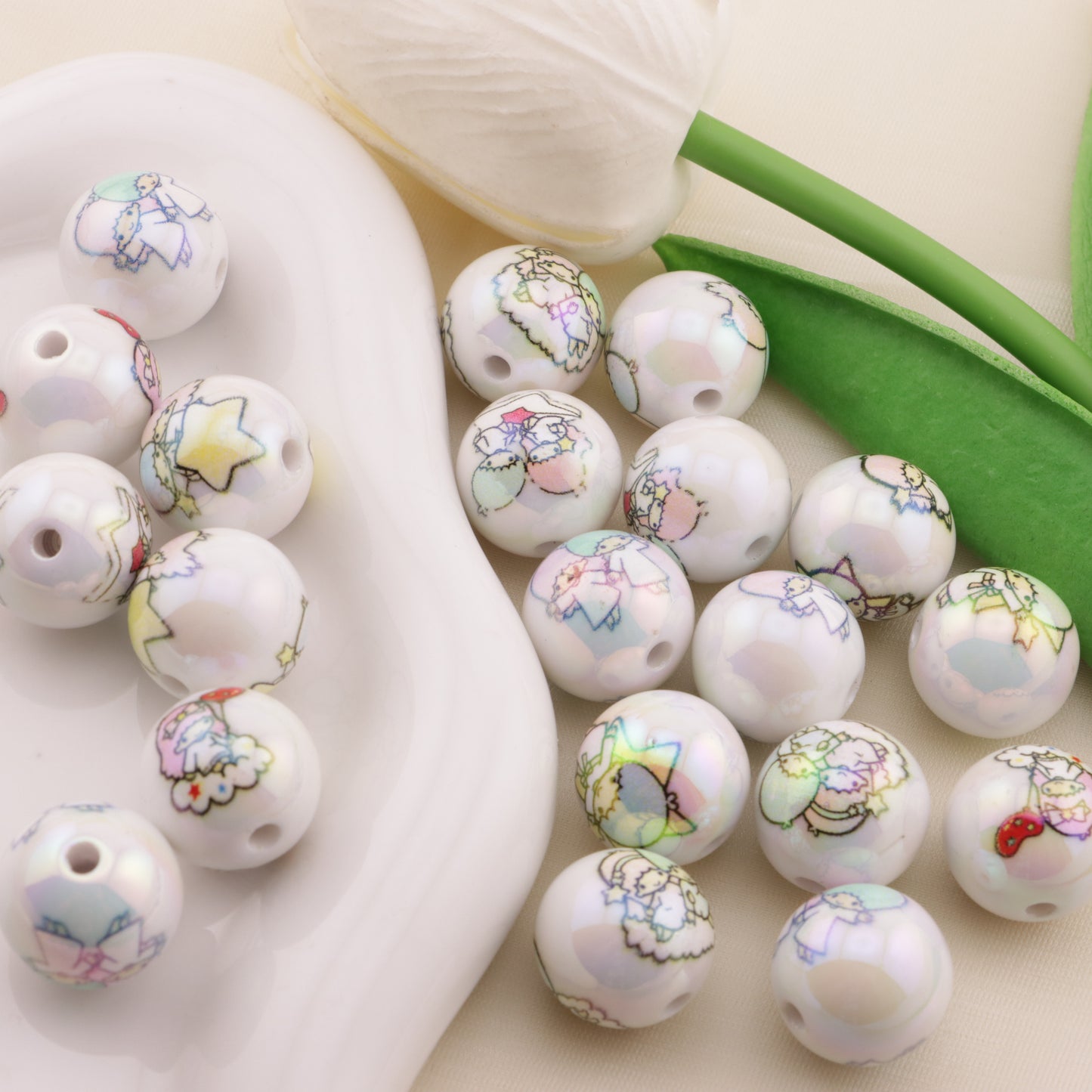 FS6496- 16mm White Printed Twin-Star Acrylic Beads(16mm ホワイトプリント ツインスター アクリルビーズ)