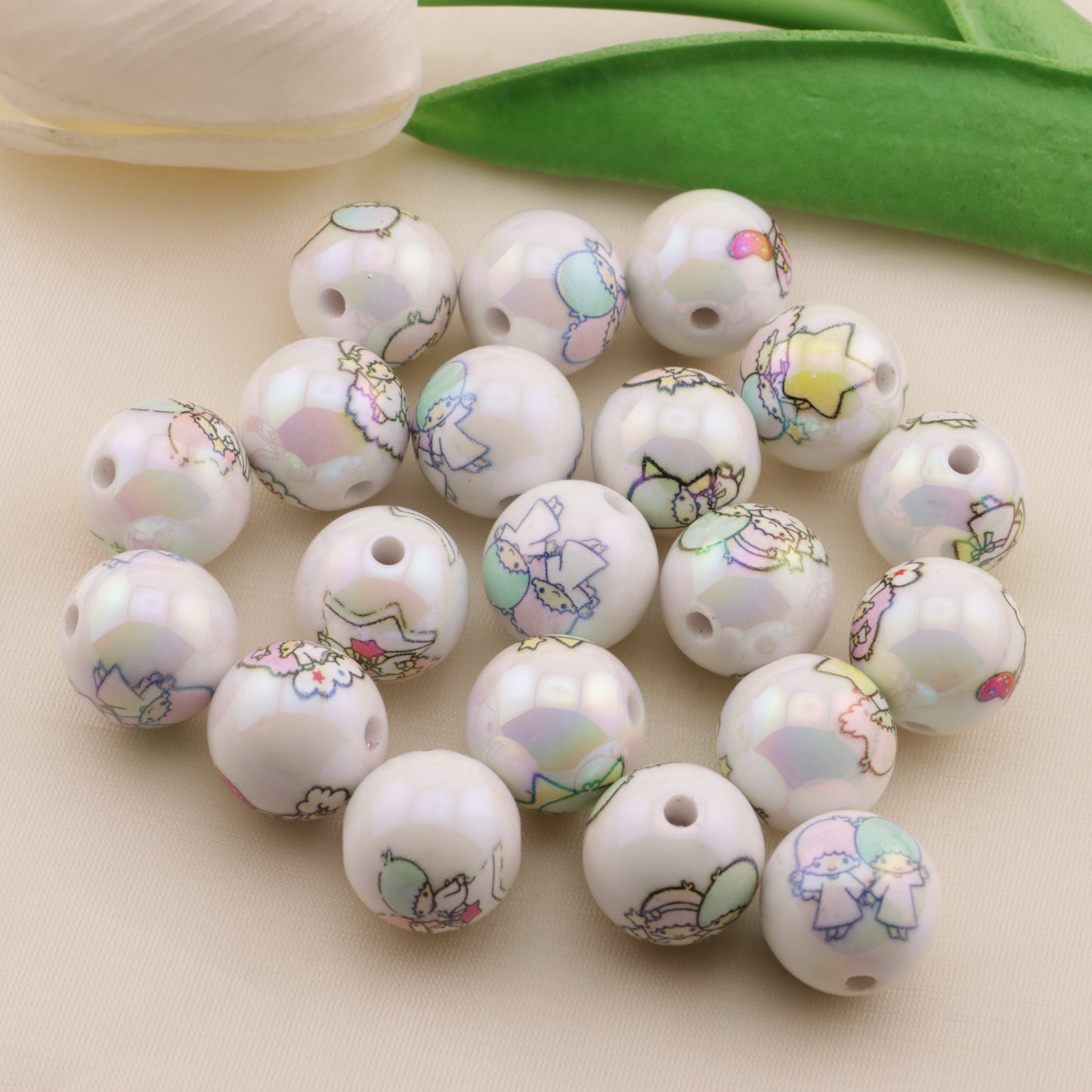FS6496- 16mm White Printed Twin-Star Acrylic Beads(16mm ホワイトプリント ツインスター アクリルビーズ)