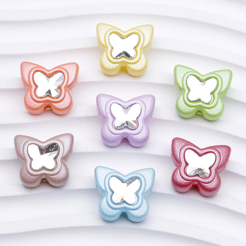 FS2309- 16×18mm Baked-Enamel White Butterfly Acrylic Beads With Diamonds