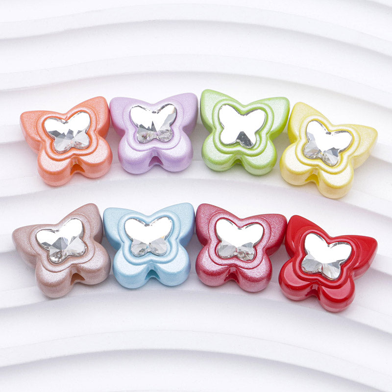FS2309- 16×18mm Baked-Enamel White Butterfly Acrylic Beads With Diamonds
