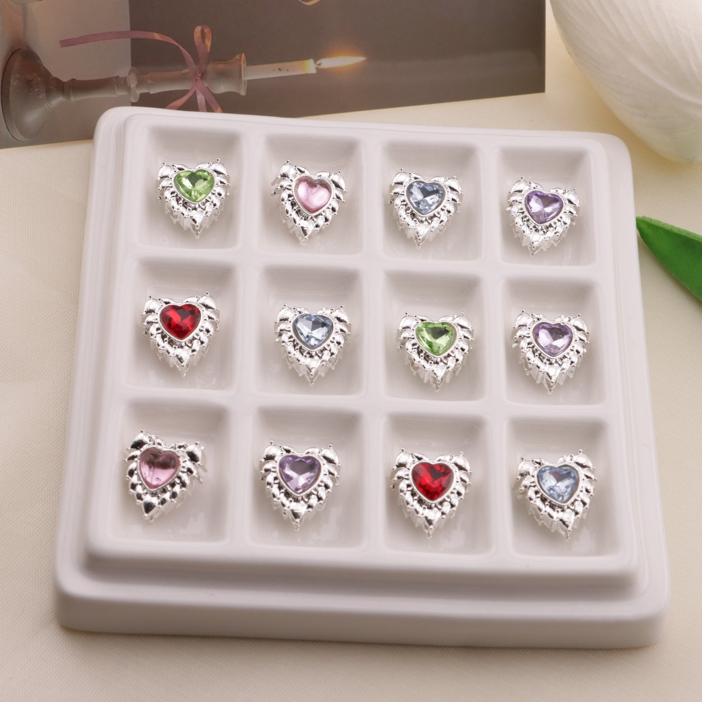 FS6574- 13*14 Feather Double-Sided Love 4-Hole Metal Bead