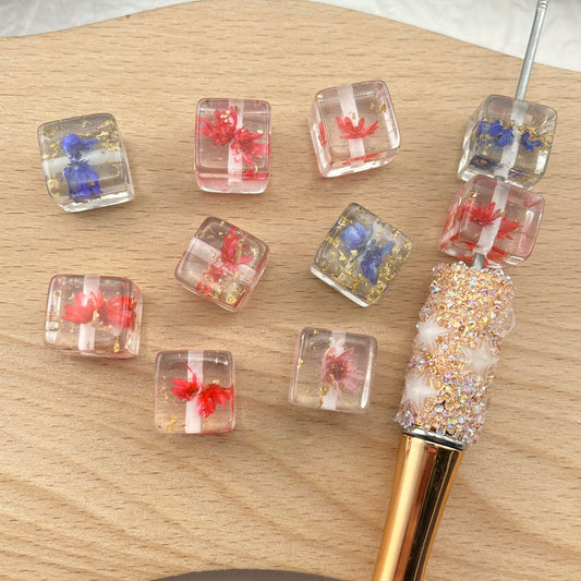 FS2120-14MM Square Dried Flower Resin Beads Mixed Color