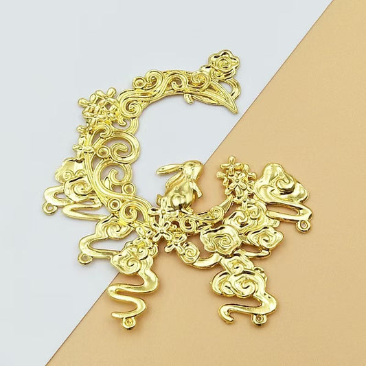FS5285- 85mm Flower And Rabbit Moon Metal Charms Left 2 + Right 2 Rabbit Moon Metal Patches