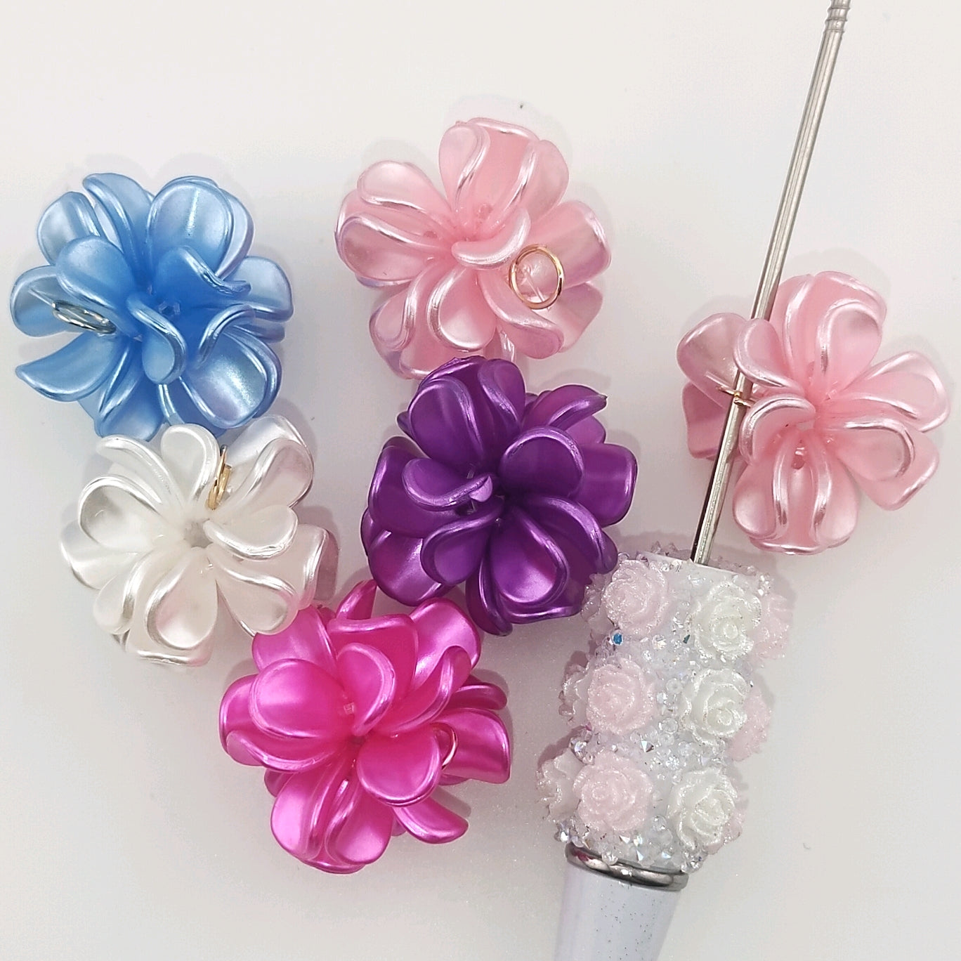 28MM Pearl Looking Flower Beads With  Ring Connector Fit For Beadable Pens