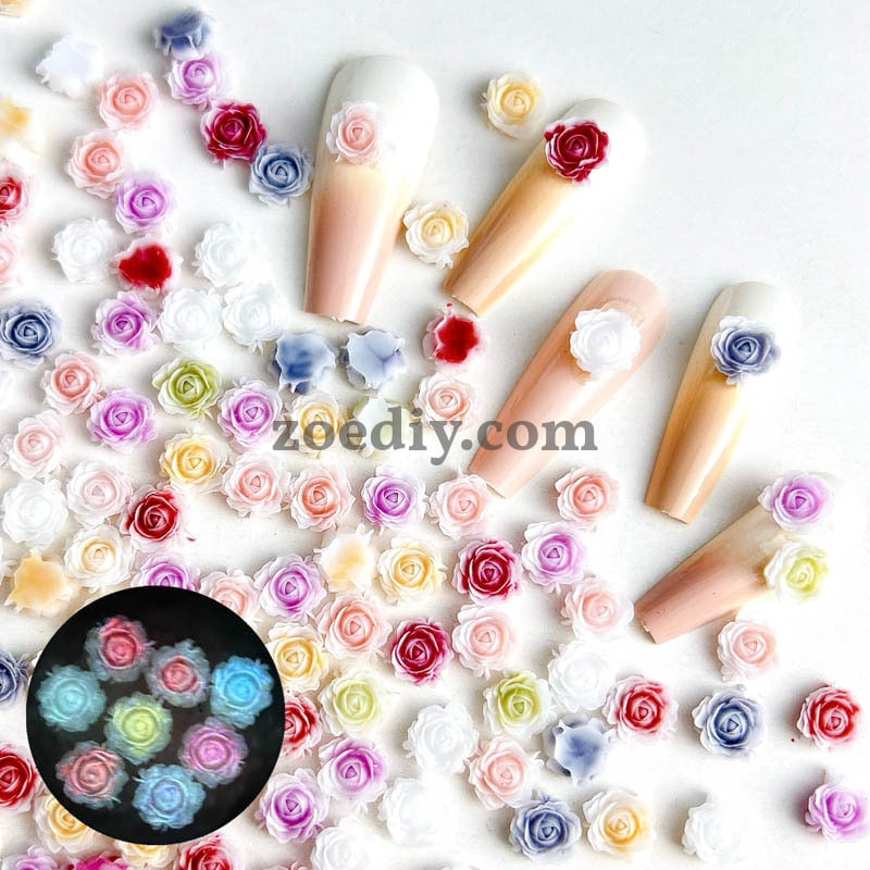 FS1060- 8MM Mixed Color Glowing  Rose Resin Flower Nail Charms For Making Fancy Bead