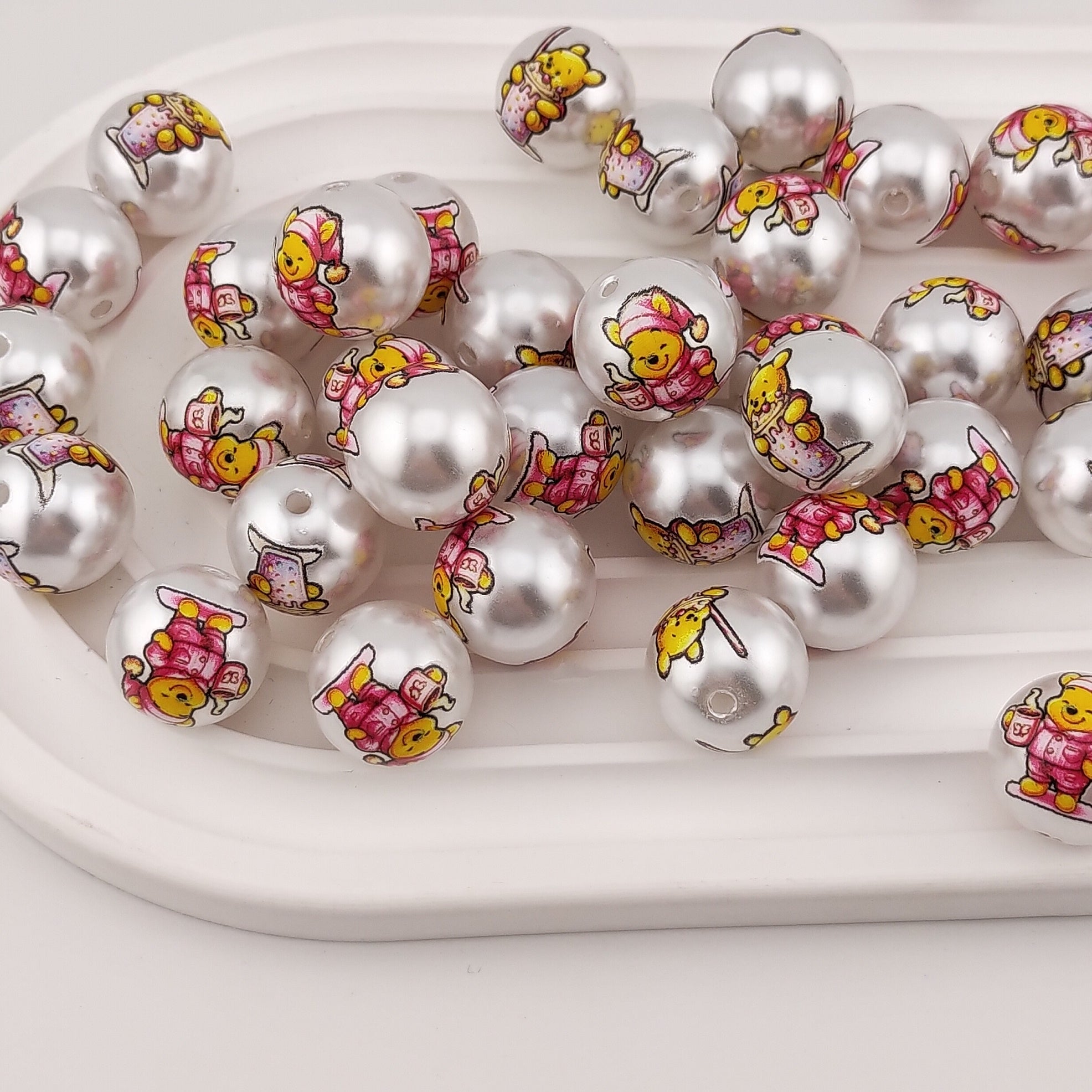 16MM Round Winnie Printed Resin Pearl Looking Acrylic Beads Fit For Beadable Pens