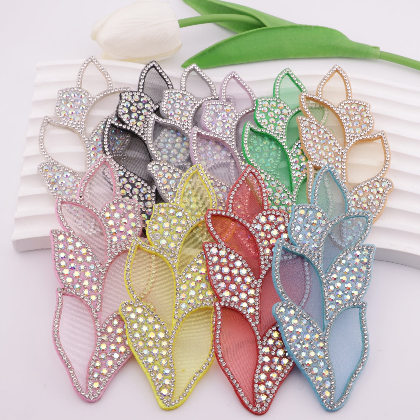 FS5697- DIY Hair Accessory Parts of Non-Woven Fabric Patches with Leaf-Shaped Rhinestones