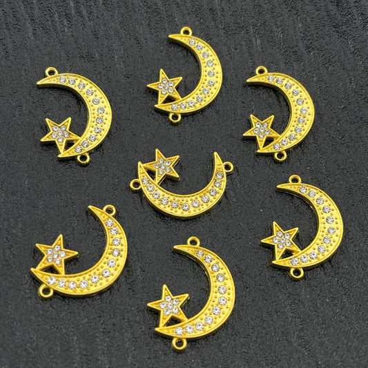 FS2836- 30mm Metal Pendant With Star - Moon And Double Hanging Holes And Diamonds