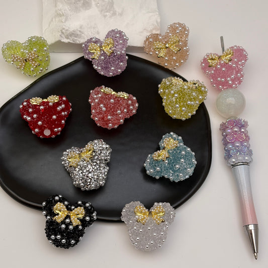 FS5433- 28Mm Pearl And Diamonds Bow Mickey Beads Pearl And Diamond-Added Bow-Knot Mickey Head Beads