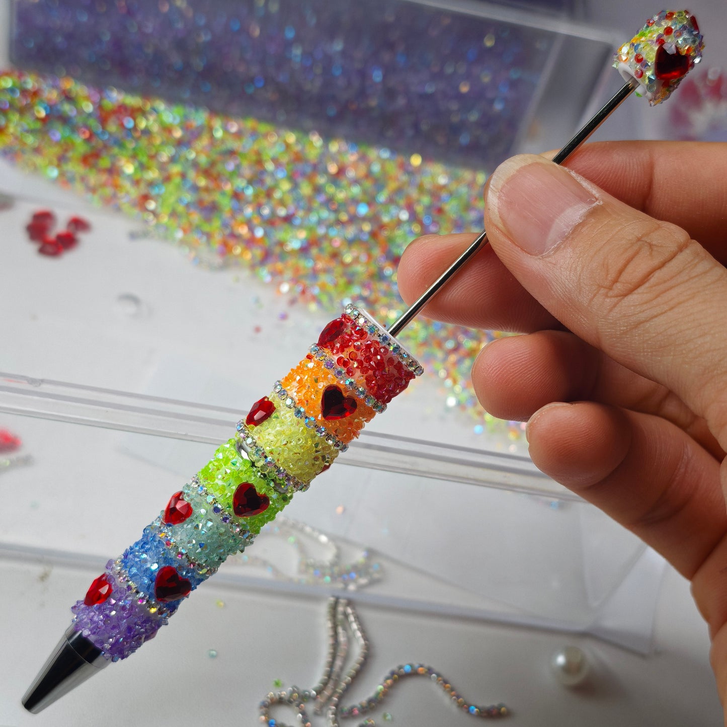 Video- [KM6994]-  Love Heart 7 Color Rainbow Full Diamonds Fancy Sugar Beadable Pens