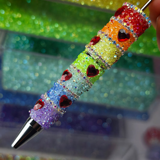 [KM6994]-  Love Heart 7 Color Rainbow Full Diamonds Fancy Sugar Beadable Pens