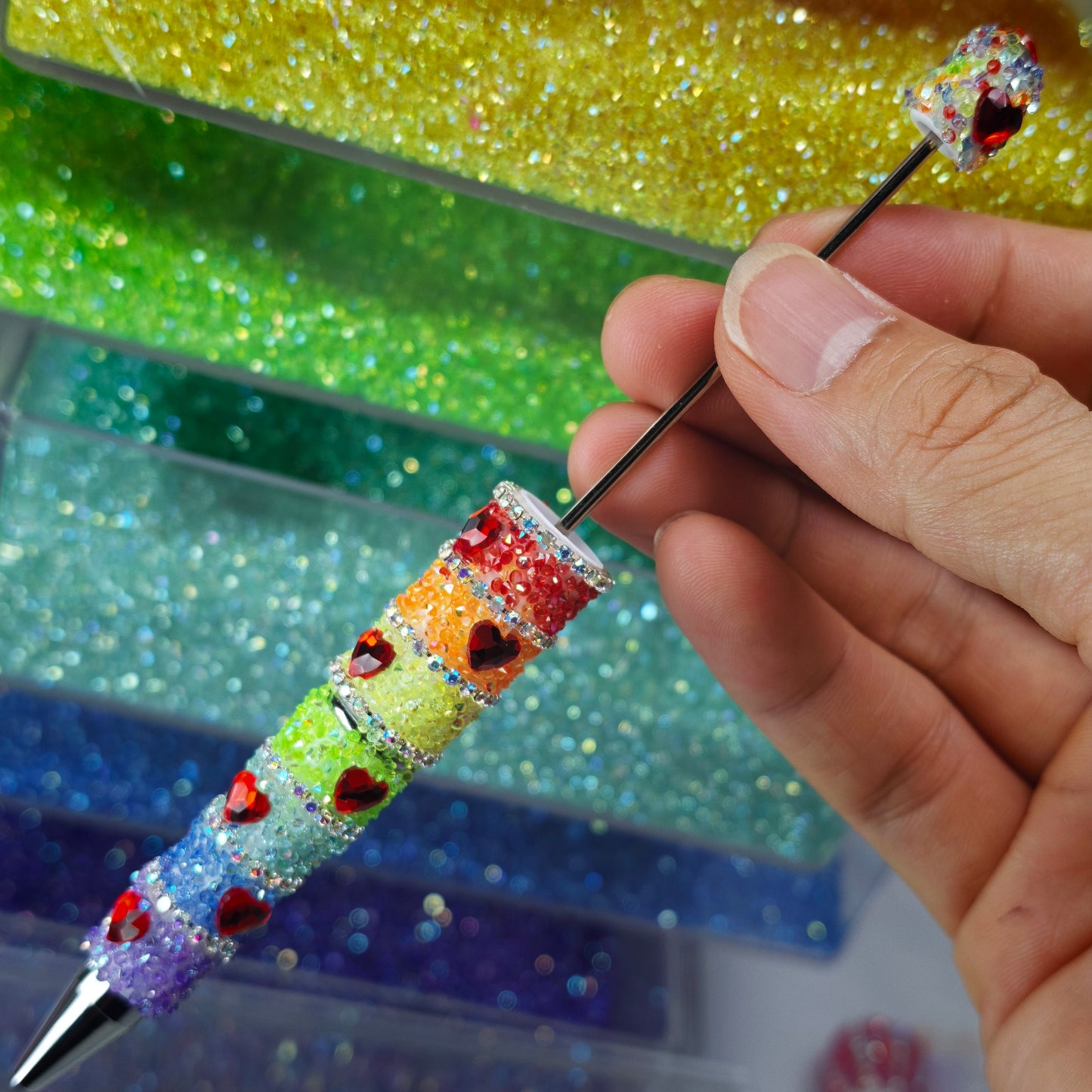 Video- [KM6994]-  Love Heart 7 Color Rainbow Full Diamonds Fancy Sugar Beadable Pens
