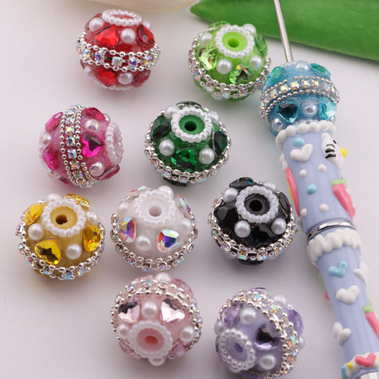 FS6340- 18mm Heart Diamonds Fancy Beads, Heart-Shaped Diamond-Embellished Round Beads