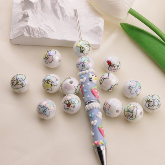 FS6496- 16mm White Printed Twin-Star Acrylic Beads（16mm ホワイトプリント ツインスター アクリルビーズ）