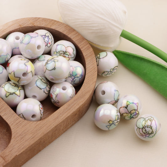 FS6496- 16mm White Printed Twin-Star Acrylic Beads（16mm ホワイトプリント ツインスター アクリルビーズ）