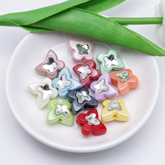 FS2309- 16×18mm Baked-Enamel White Butterfly Acrylic Beads With Diamonds