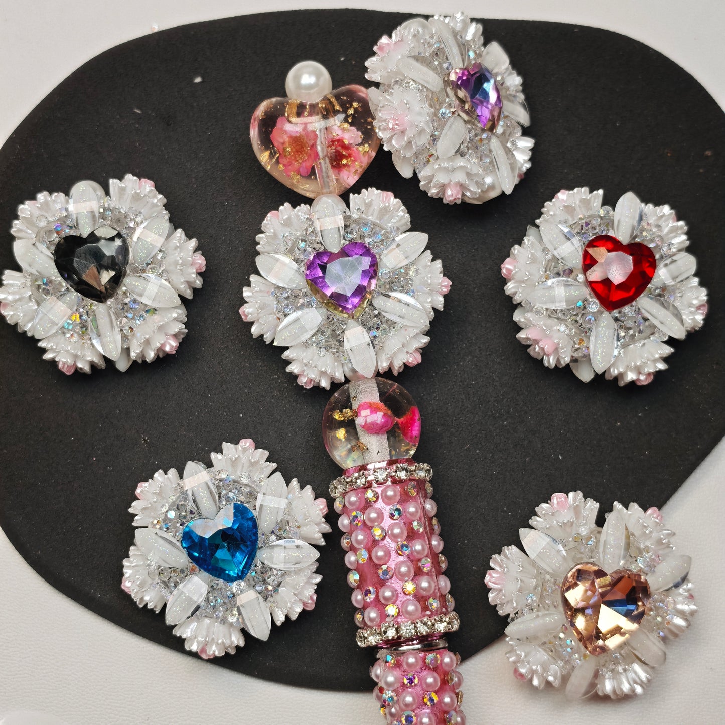 [KM6920]- 32mm Loving Heart Diamonds Round Fancy Beads ,with Flower, Fit Beadable Pens
