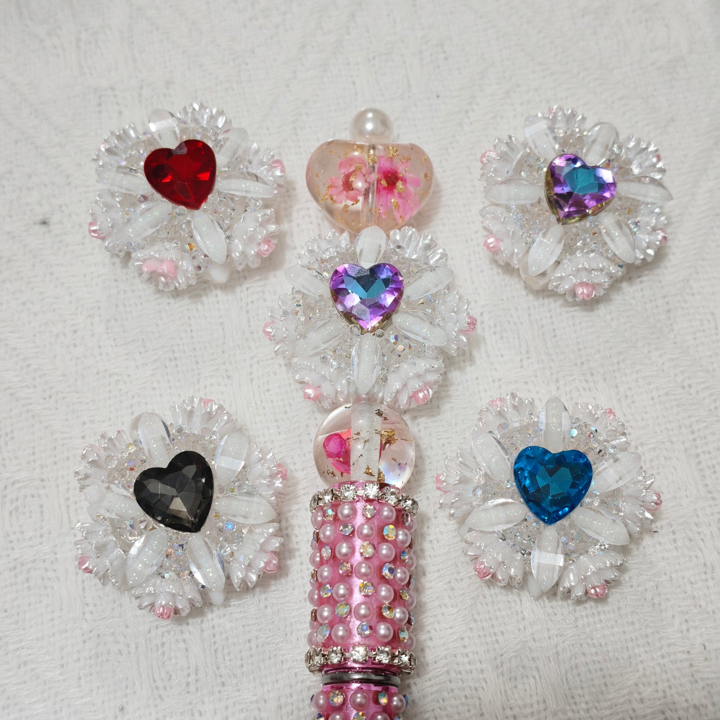 [KM6920]- 32mm Loving Heart Diamonds Round Fancy Beads ,with Flower, Fit Beadable Pens
