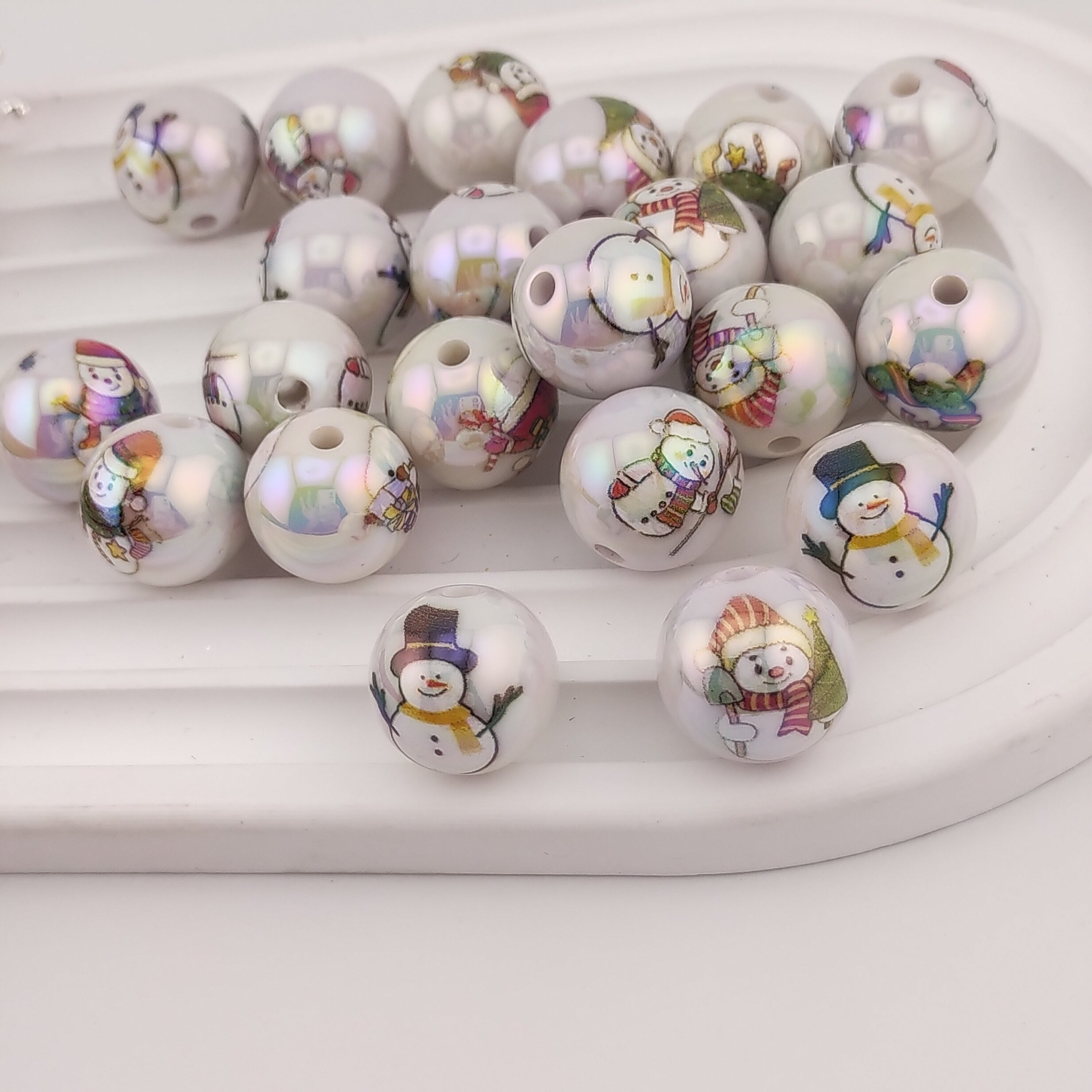 16MM Round White UV Shiny Snowman Printed Resin Beads Fit For Beadable Pens