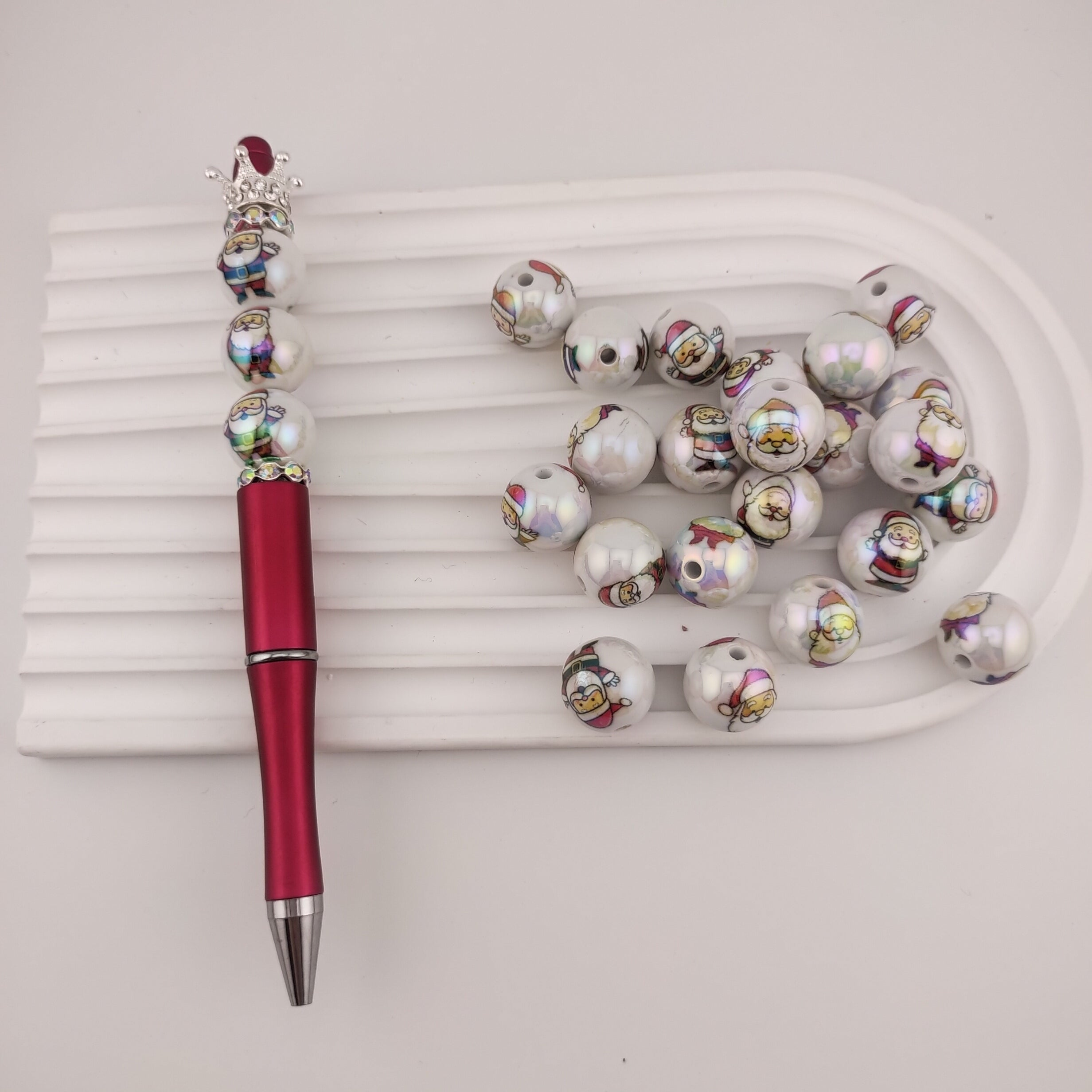 16MM Round White UV Shiny Santa Printed Resin Beads Fit For Beadable Pens