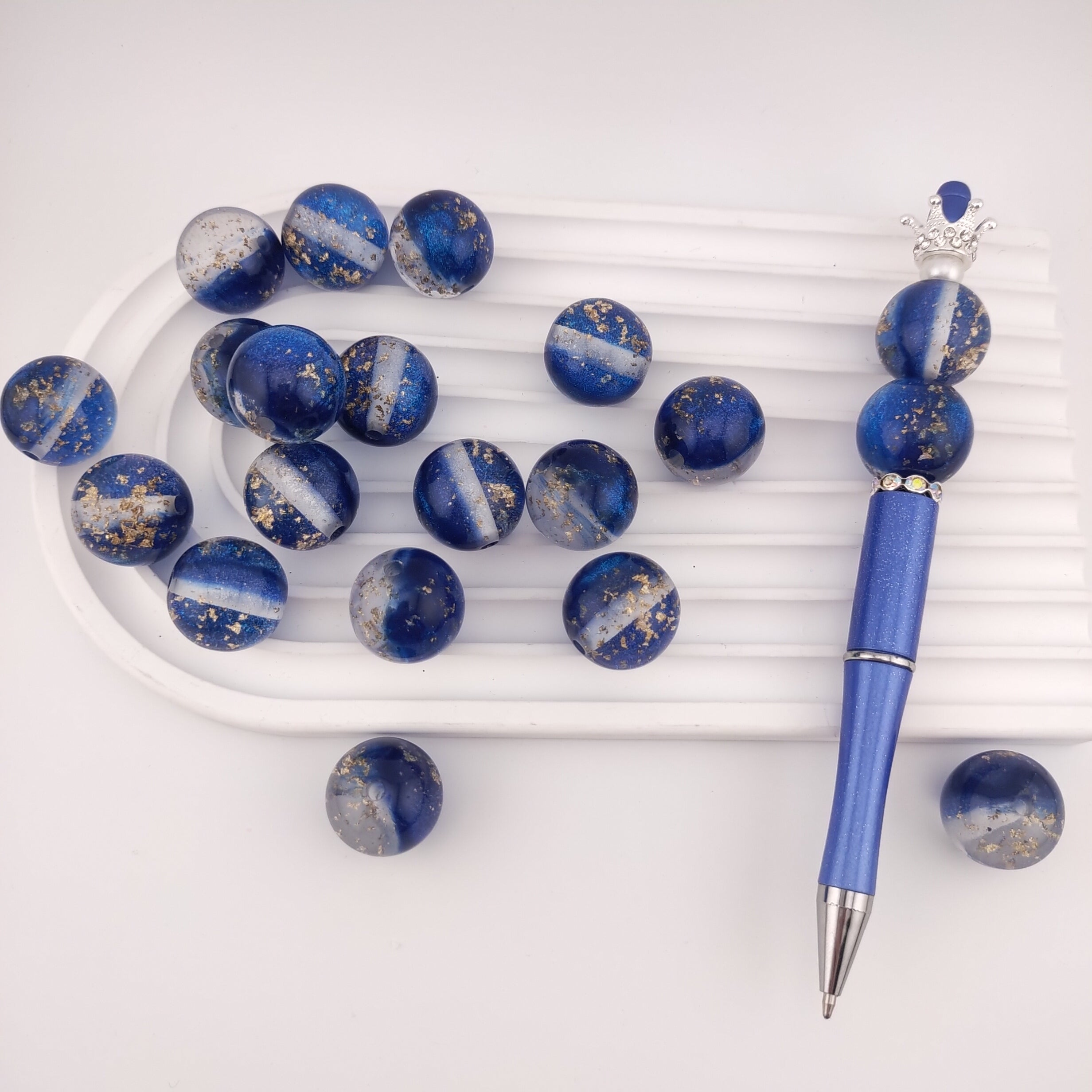 20MM Round Royal Blue Gold Foil Resin Beads Fit For Beadable Pens