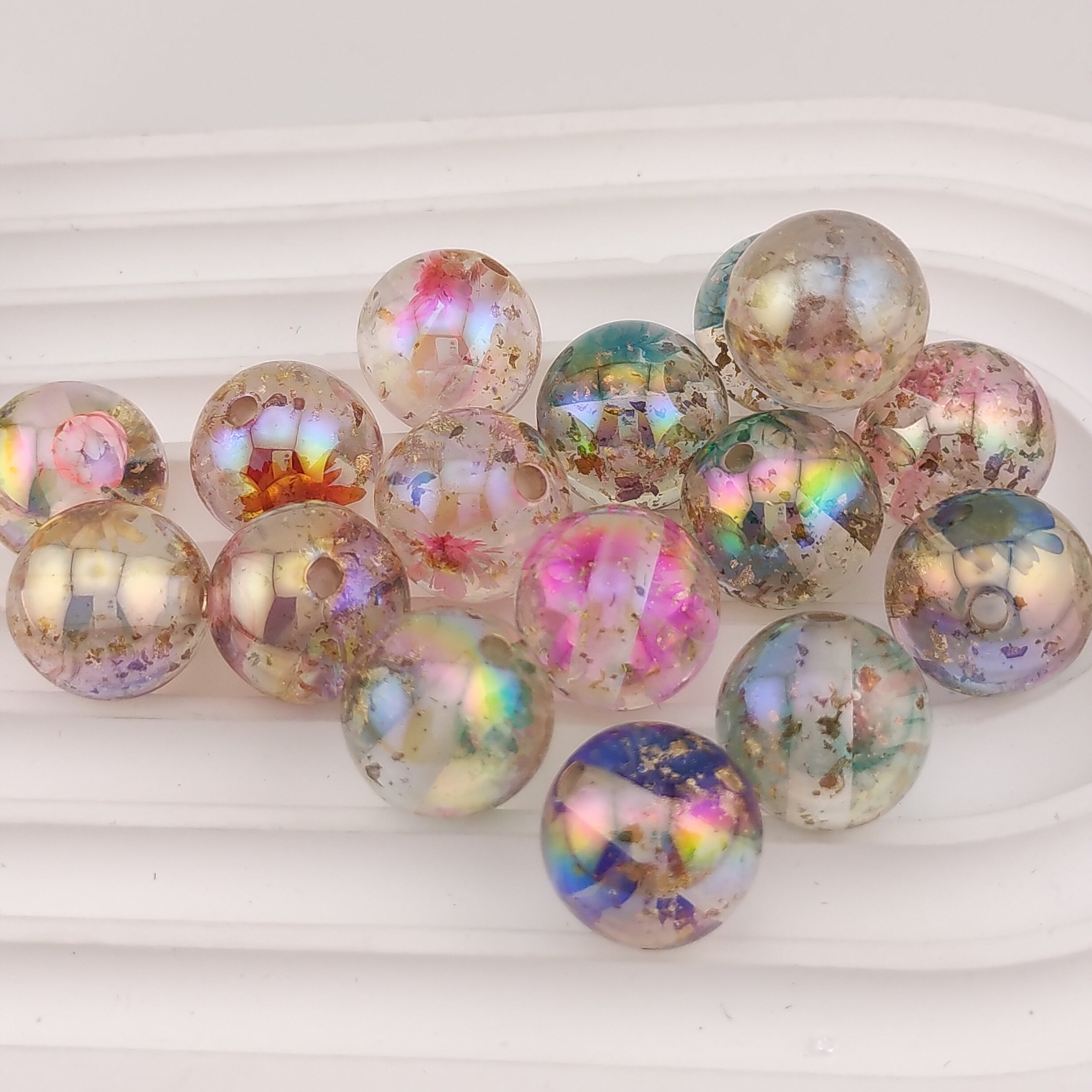 16MM Round Mixed Color With Dried Flower Gold Foil  Inside Resin Beads Fit For Beadable Pens