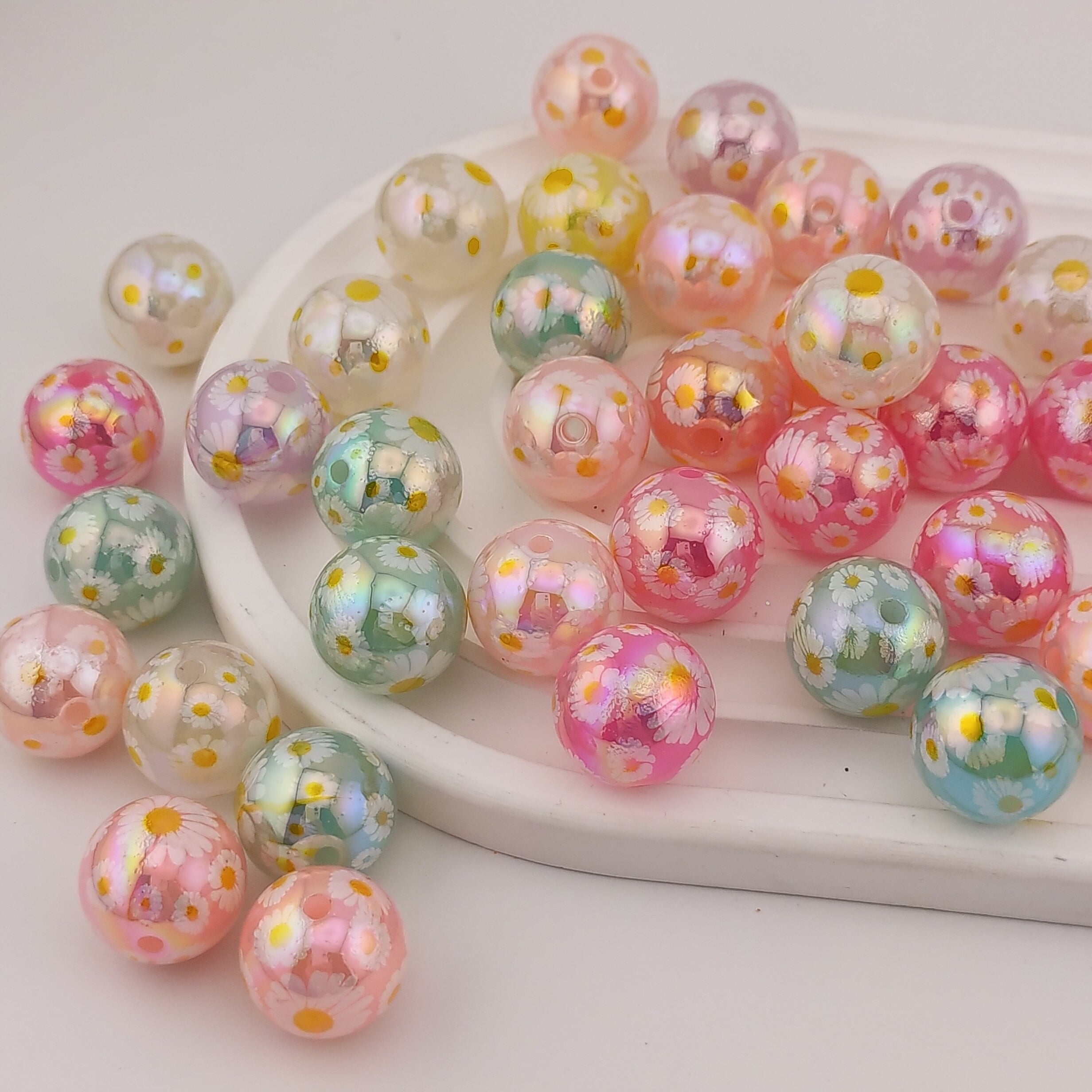 16MM Round Mixed Color UV Shiny Flower Printed Resin Beads Fit For Beadable Pens