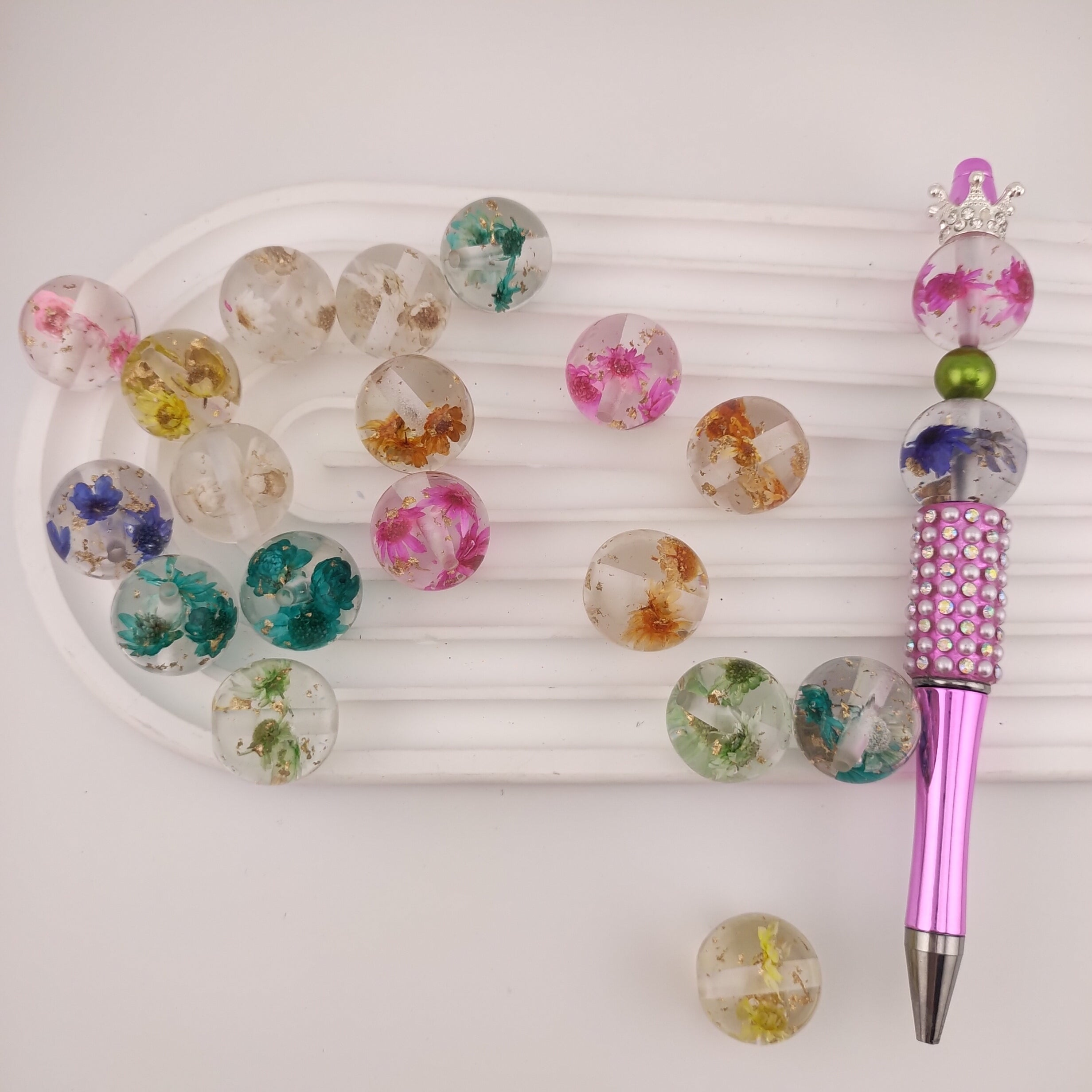 20MM Round Clear Flower Gold Foil Resin Beads Fit ForBeadable Pens