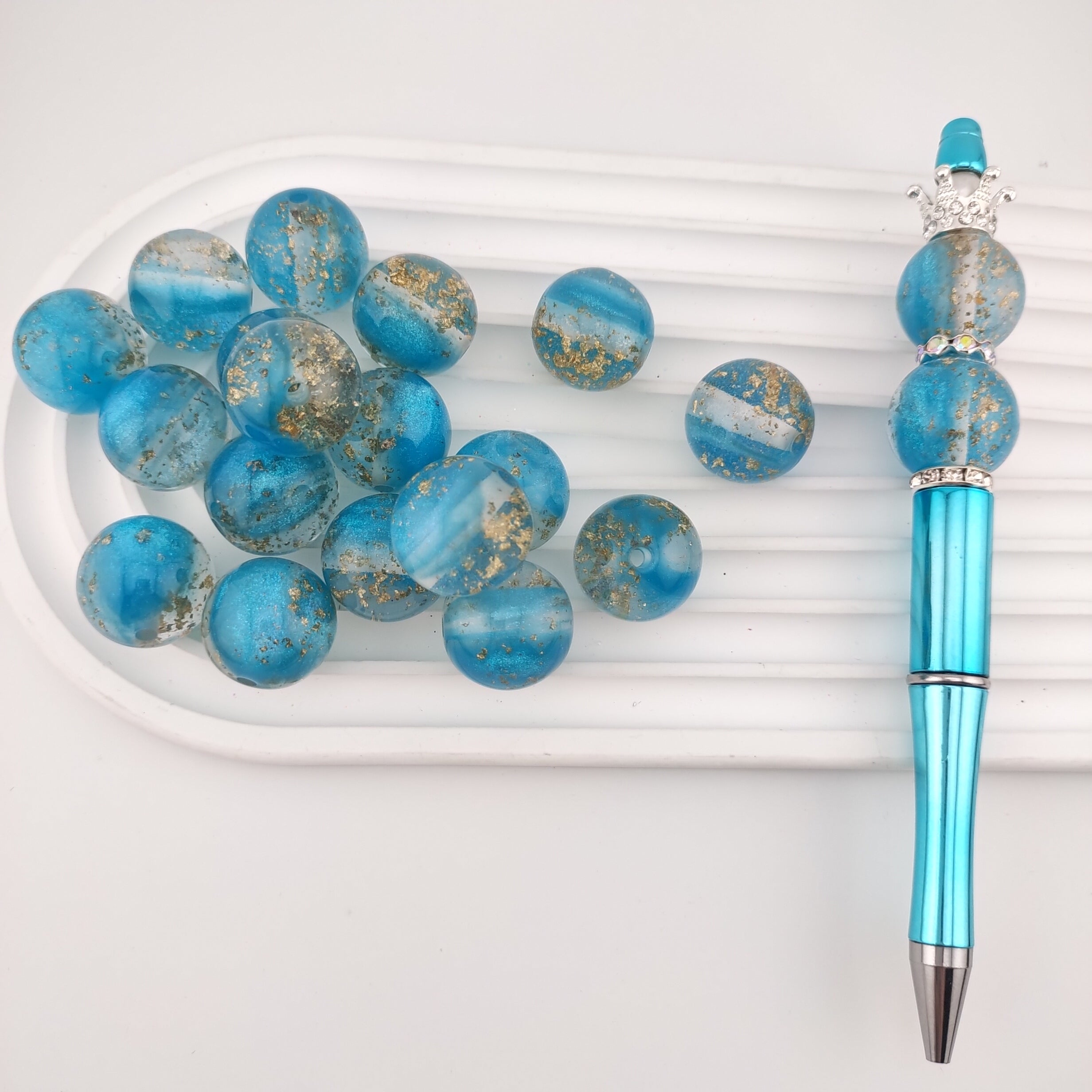 20MM Round Blue Gold Foil Resin Beads Fit For Beadable Pens