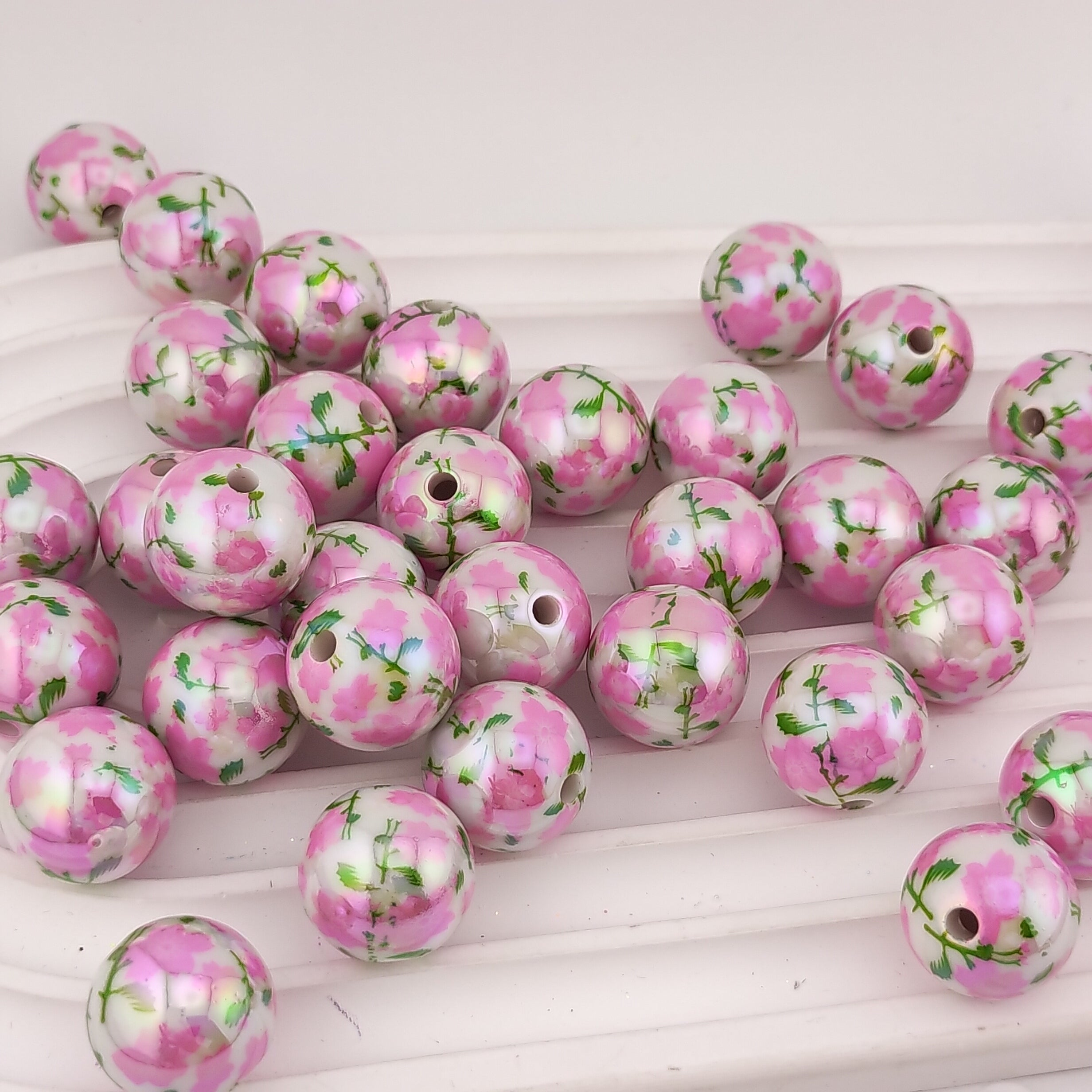 16MM Pink Flower  Printed Acrylic Beads Fit For Beadable Pens