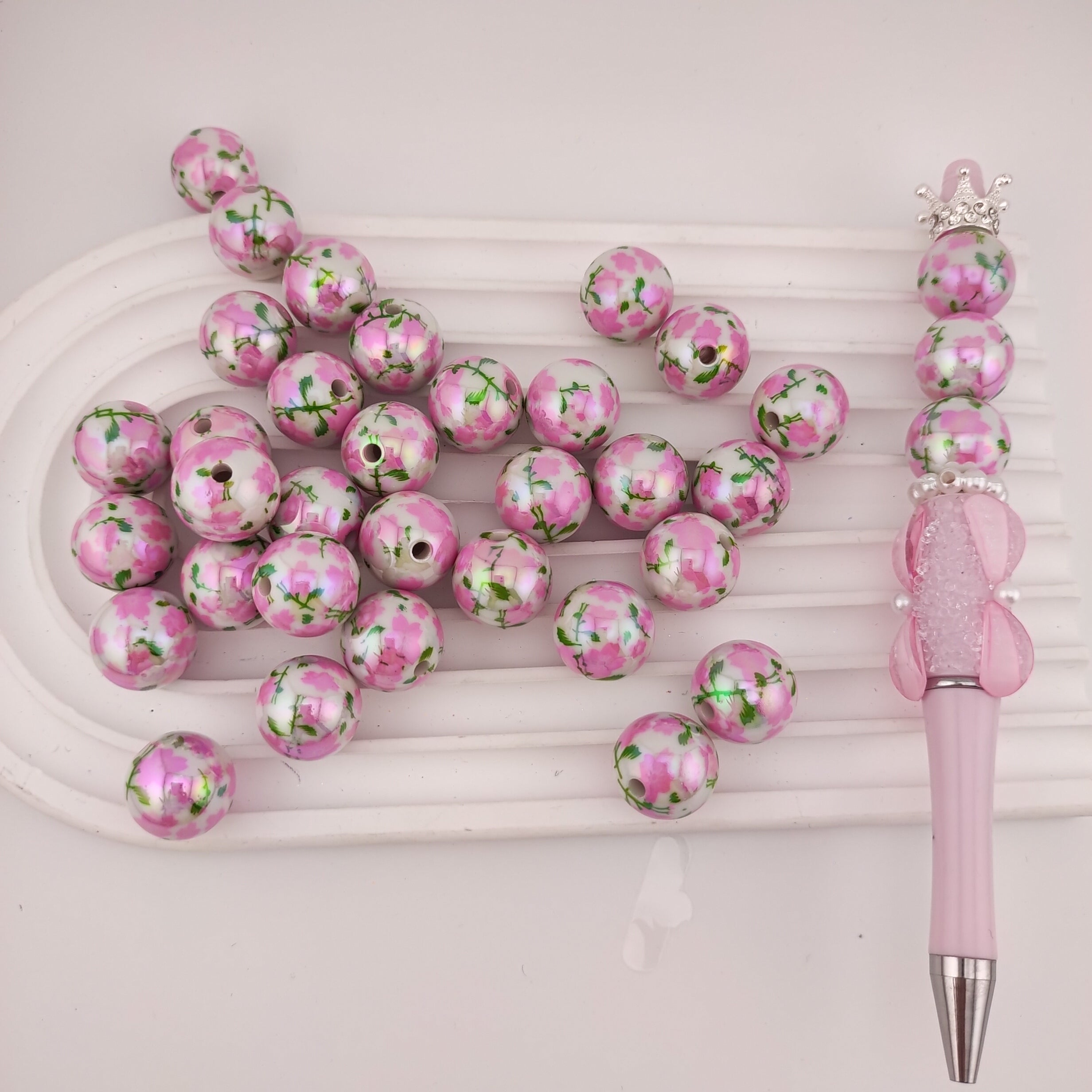 16MM Pink Flower  Printed Acrylic Beads Fit For Beadable Pens