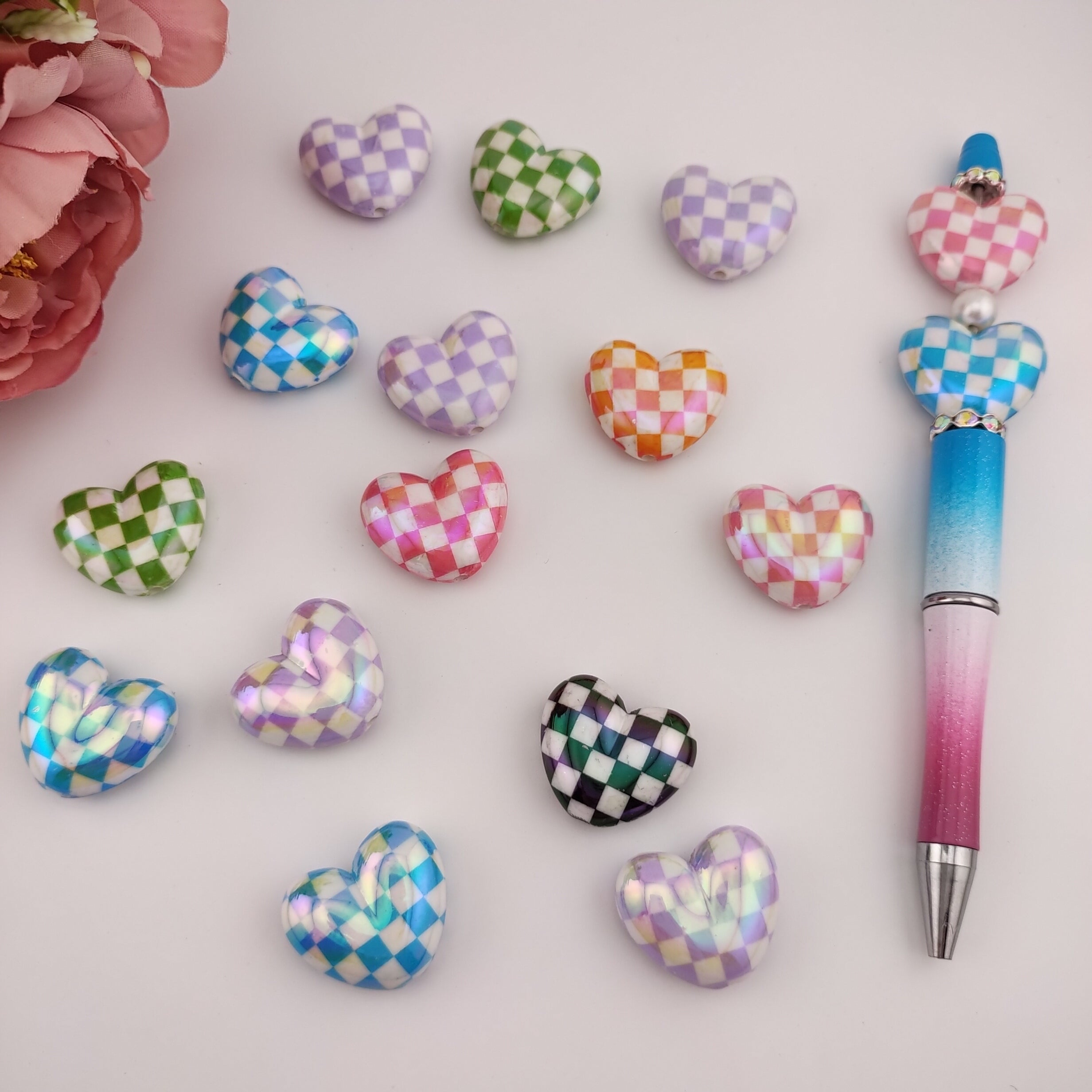 25MM Heart Check Pattern Acrylic Beads Fit For Beadable Pens