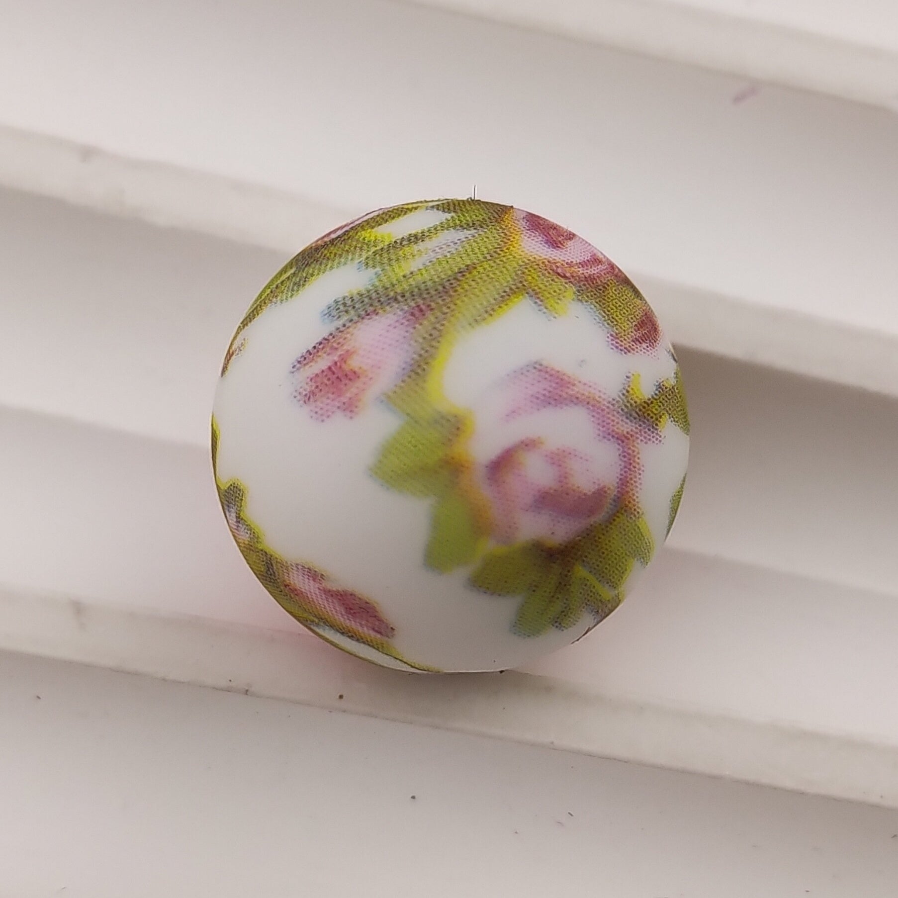 15MM Round White Base Light Pink Flower And Green Leaf Printed Beads Fit For Beadable Pens