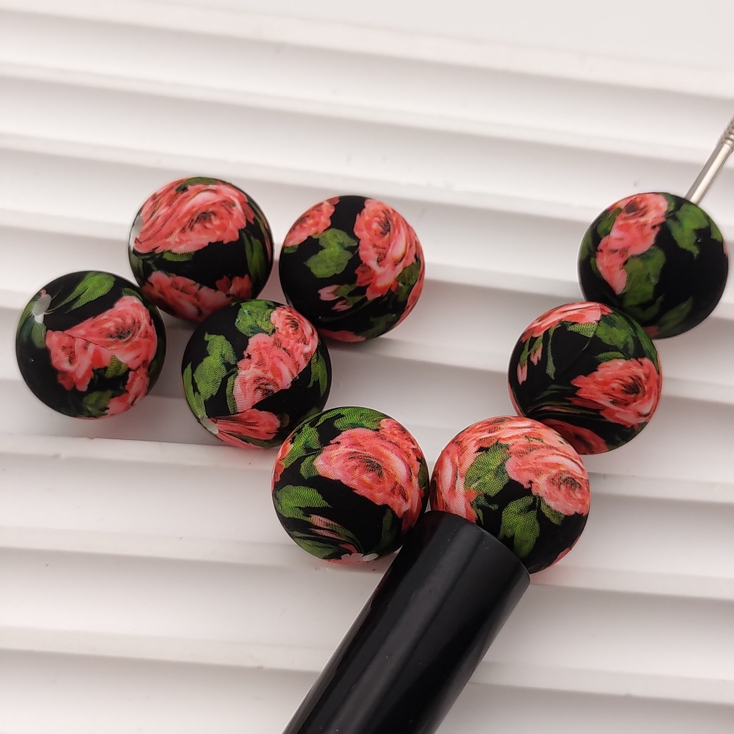 15MM Round Darkblack Pink Rose Printed Silicone Beads Fit For Beadable Pens