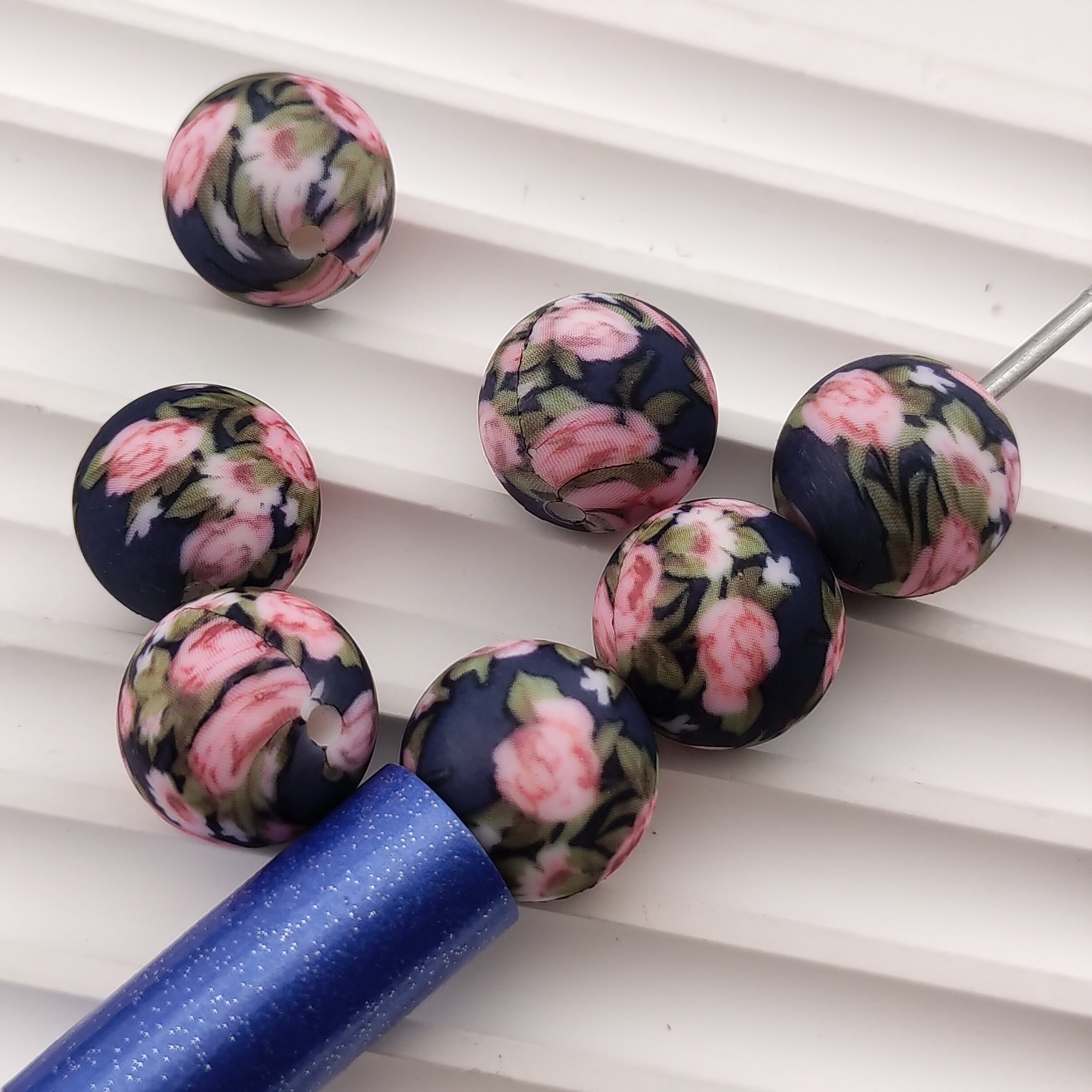 15MM Round Darkblue Base Pink Rose Printed Silicone Beads Fit For Beadable Pens