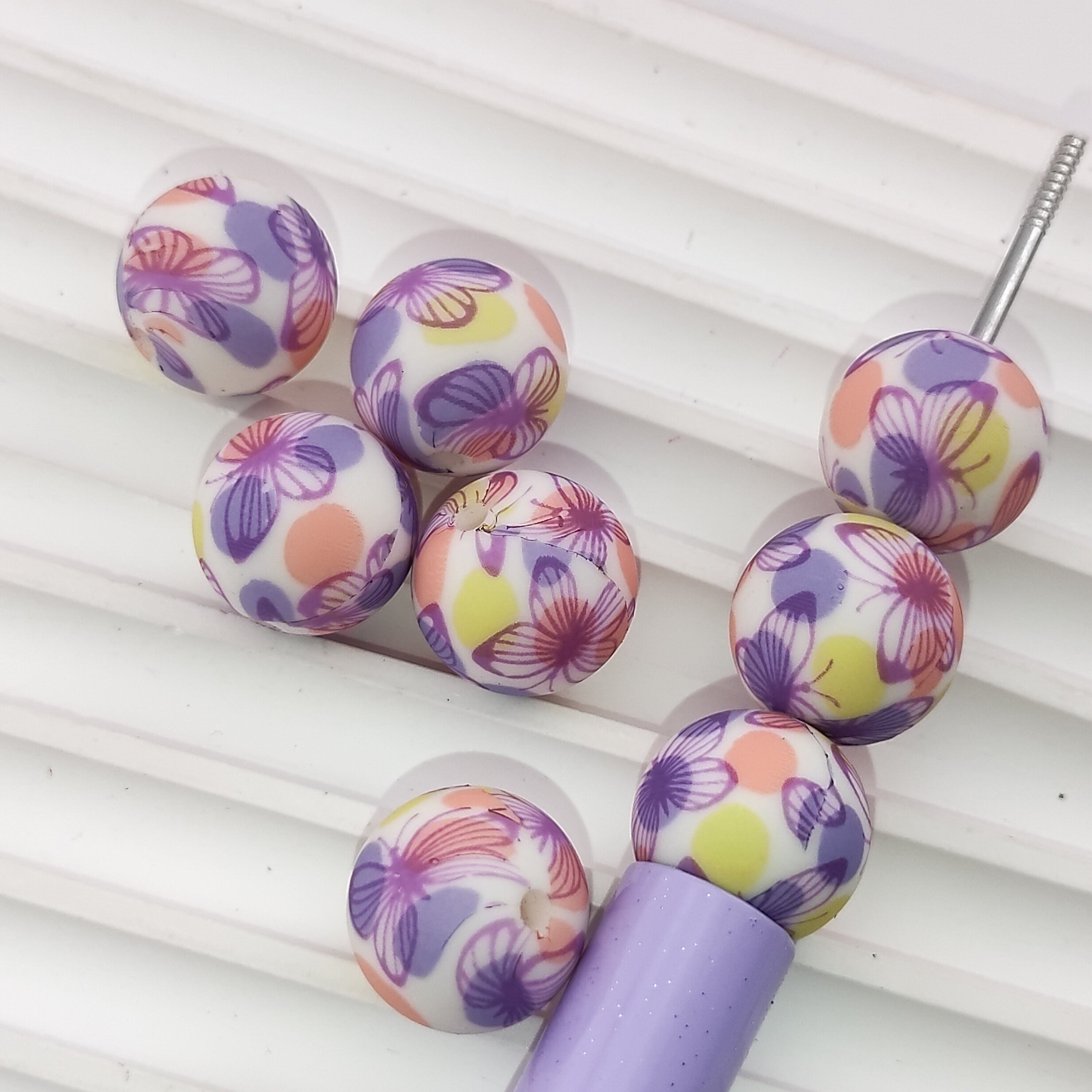 15MM Round Purple Butterfly Printed Silicone Beads Fit For Beadable Pens