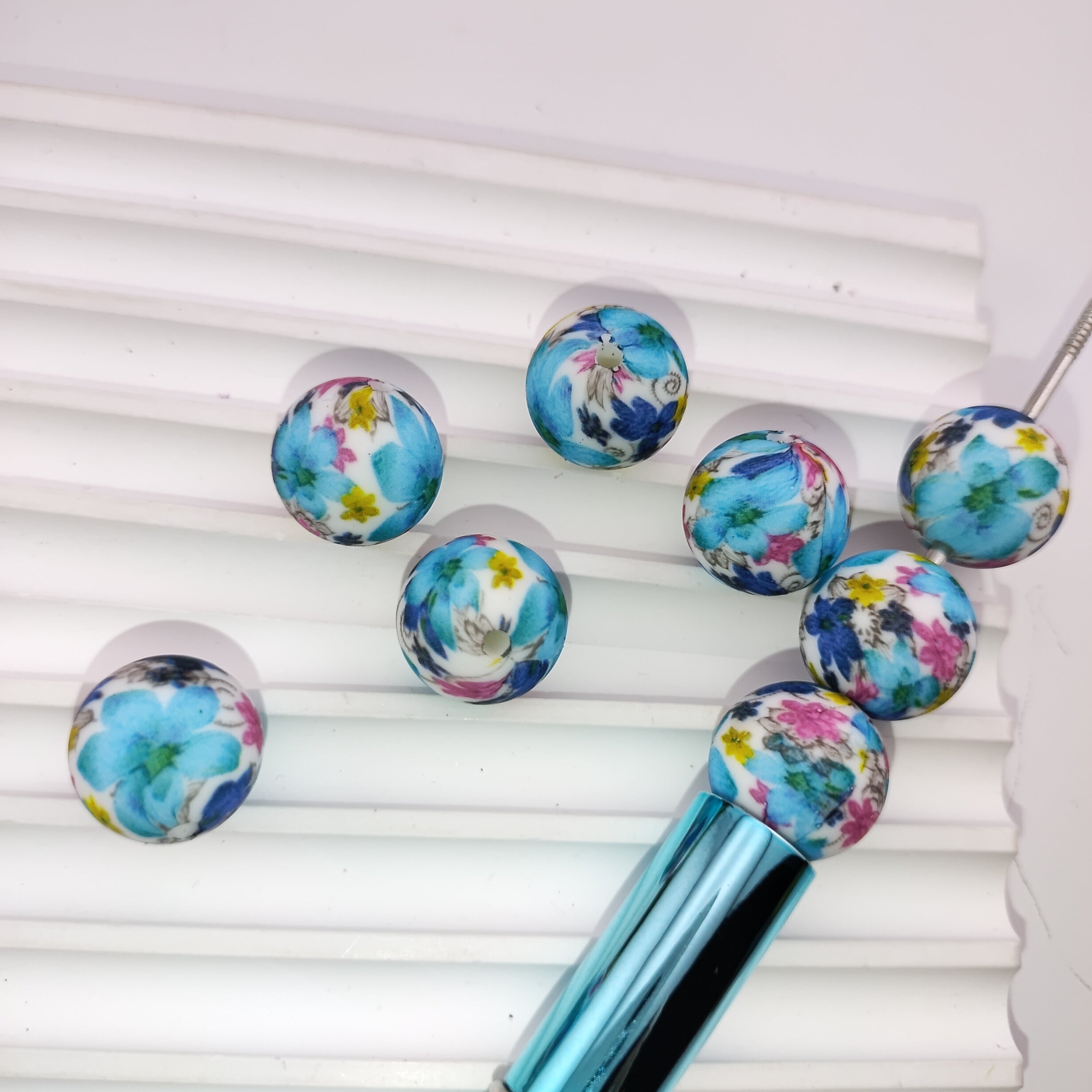 15MM Round Blue Flower Printed Silicone Beads Fit For Beadable Pens