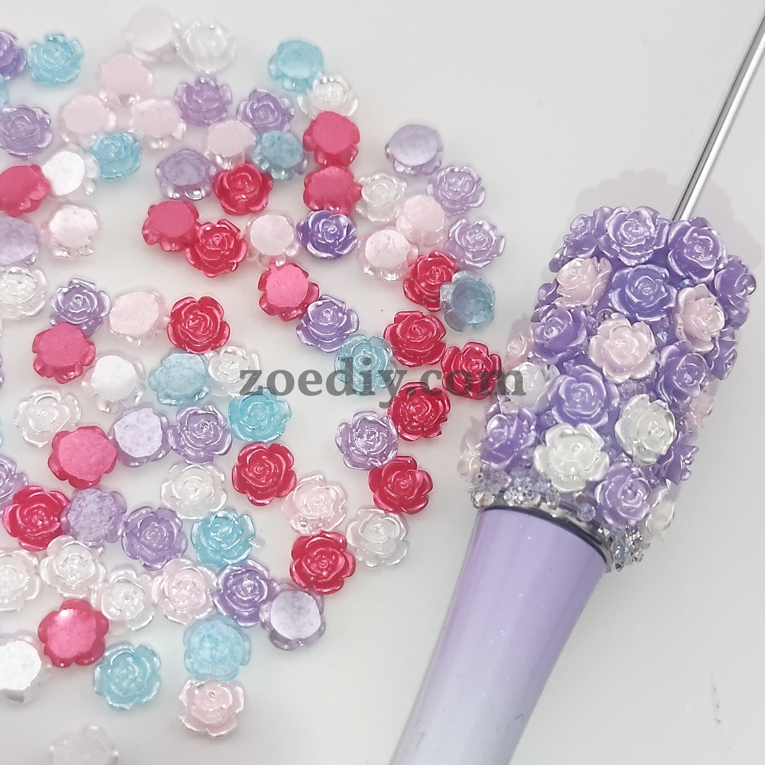 FS1059- 6MM  Mixed Color Pearl Looking  Resin  Rose Flower Nail Charms For making Fancy Pen Or Fancy Bead