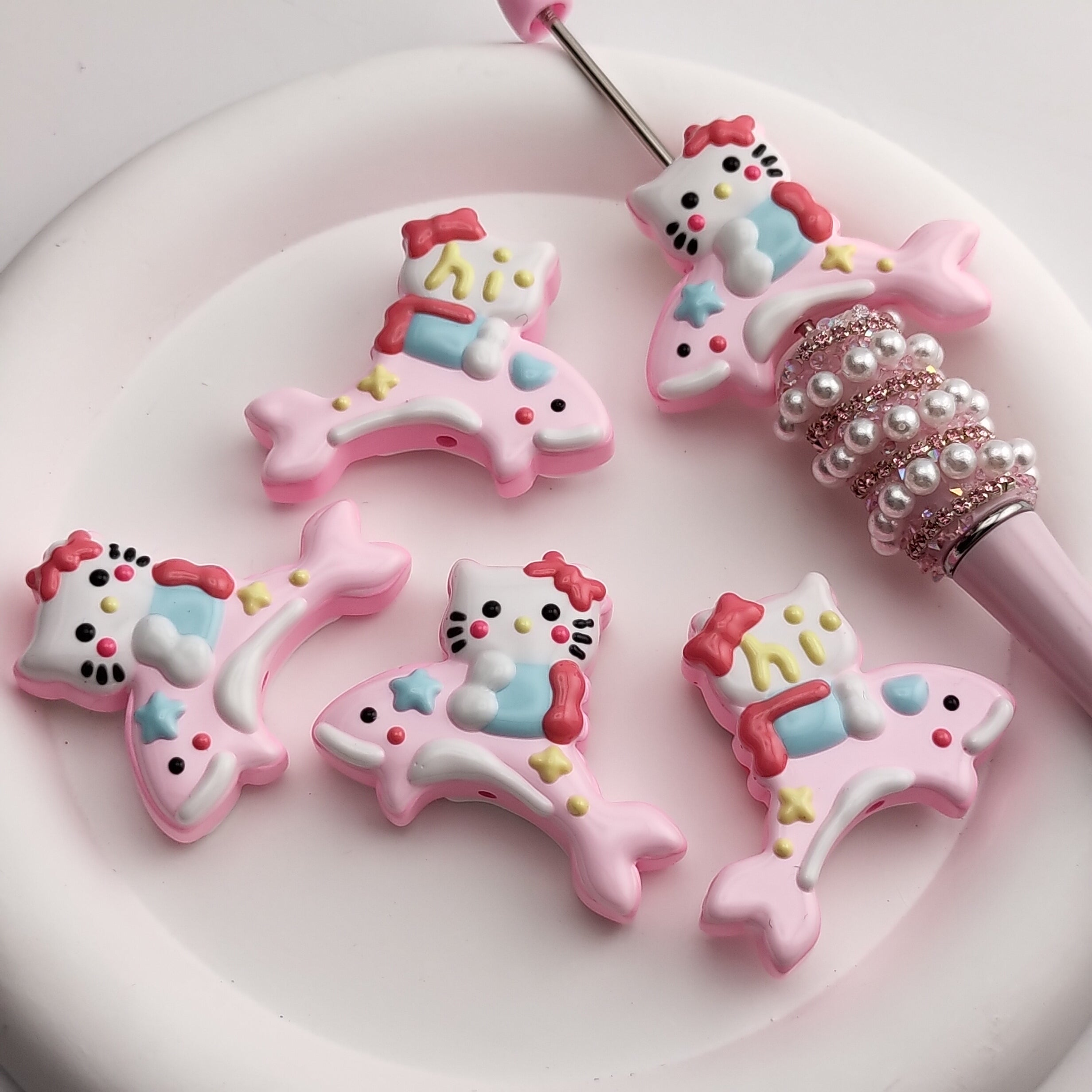 FS1826- 5PCS HK kitty and dolphin Hand Painted Beads Fit For Beadable Pens