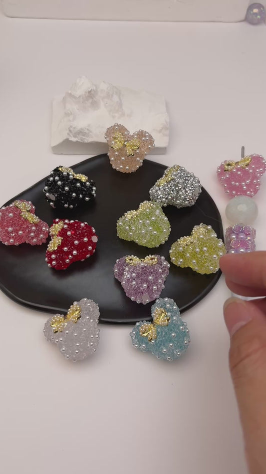 FS5433- 28Mm Pearl And Diamonds Bow Mickey Beads Pearl And Diamond-Added Bow-Knot Mickey Head Beads
