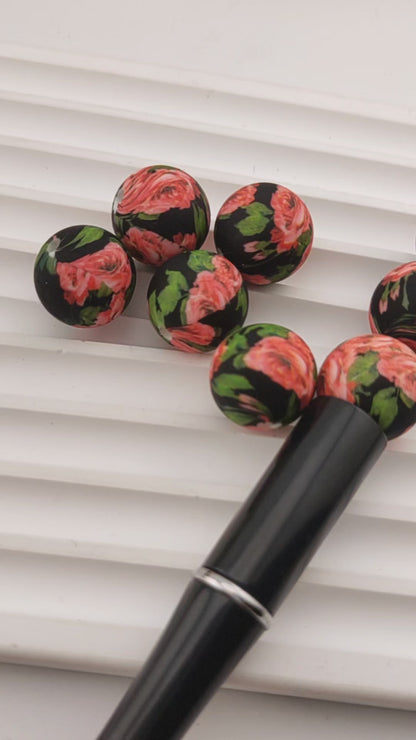 15MM Round Darkblack Pink Rose Printed Silicone Beads Fit For Beadable Pens