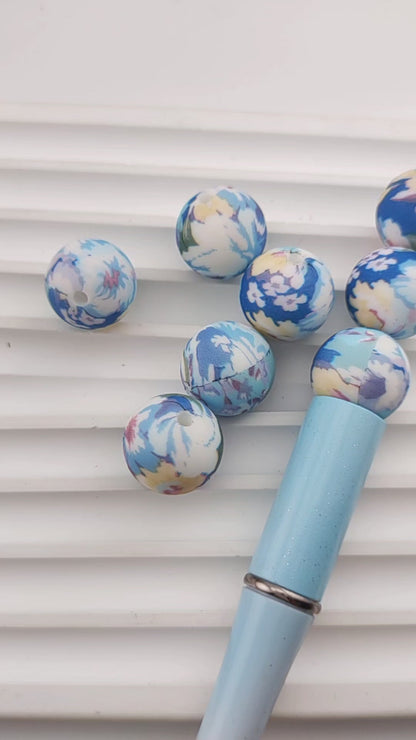 15MM Round Blue Base White Flower Printed Silicone Beads Fit For Beadable Pens